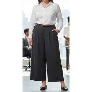 H&M Women's Pleated Dress Pants Size 12 Black Polyester Blend Classic Wide Leg